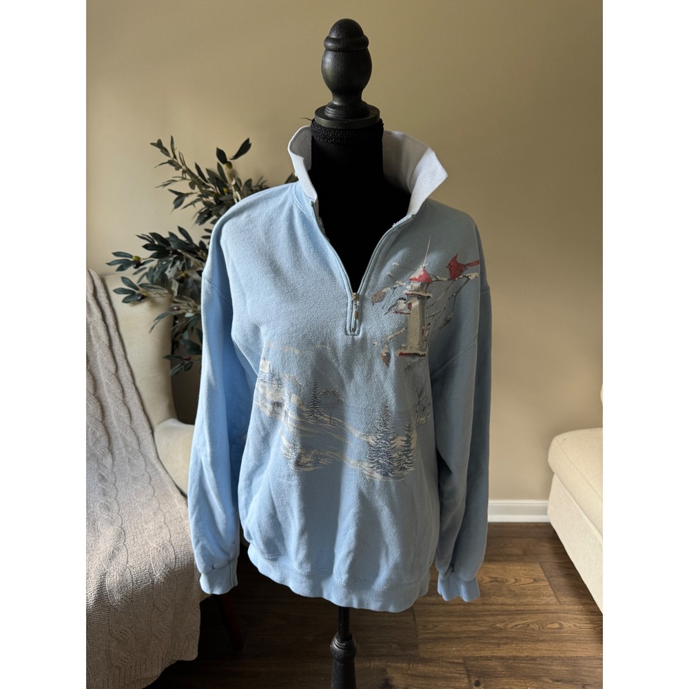 Jerzees NuBlend Light Blue Winter Lighthouse Cardinal Quarter Zip Sweatshirt M